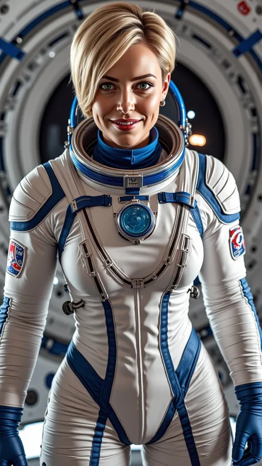 Prompt: high definition, realistic, first person view, bright lighting, a stunning 50 year old woman astronaut, your very attractive wife, short pixie cut Blonde hair, she has a full figure, wearing a highly detailed realistic blue and white spacesuit, gloves, she is in love with you, floating gracefully in zero gravity inside her space craft, her big intense eyes stare forward at you with a flirtatious expression. She is illuminated by the bright lights on the white walls.
