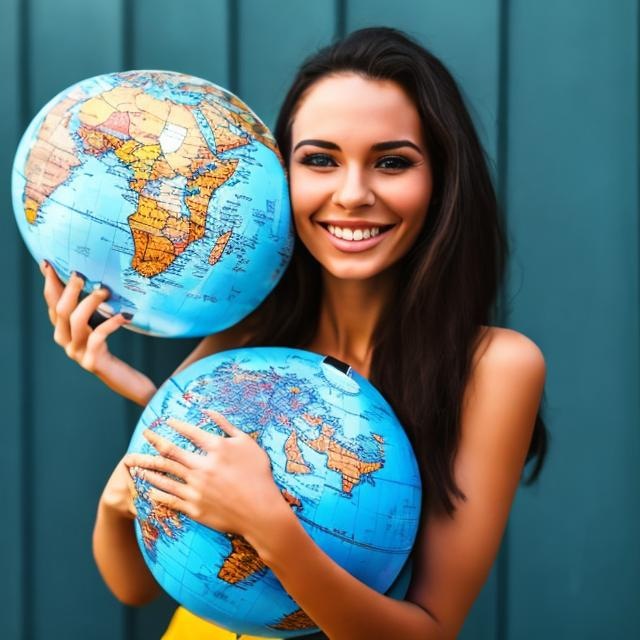 Prompt: beautiful woman smiling and holding globe