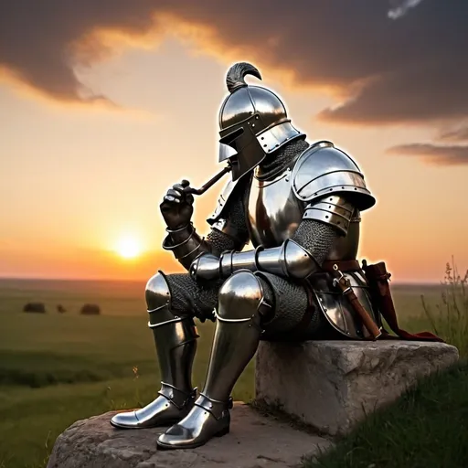 Prompt: A weary knight sits smoking a pipe, facing a beautiful, yet melancholy sunset.
