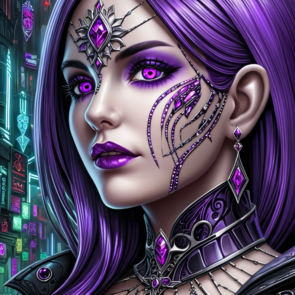 Prompt: a woman with purple hair and a face painted with jewels and jewels, with a purple hair and purple eyeshadow, Anne Stokes, gothic art, highly detailed digital art, cyberpunk art