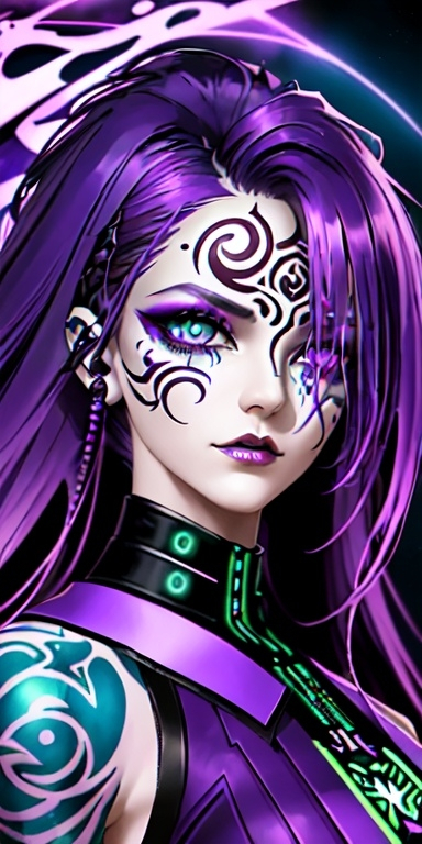 Prompt: A striking woman with vibrant purple hair and mesmerizing green eyes, adorned with intricate tattoos, is showcased in a stunning display of cyberpunk artistry. She's wearing a futuristic purple and blue outfit, seamlessly blending with mystical colors, emphasizing her tattooed arm. This image captures the essence of digital art in the style of Android Jones, drenched in bold, dynamic hues, creating an otherworldly atmosphere. Ultra-detailed, 4K.
