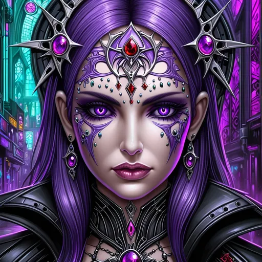 Prompt: a woman with purple hair and a face painted with jewels and jewels, with a purple hair and purple eyeshadow, Anne Stokes, gothic art, highly detailed digital art, cyberpunk art