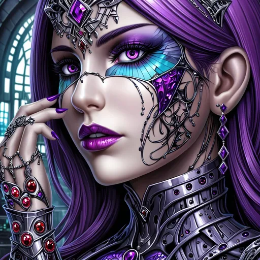 Prompt: a woman with purple hair and a face painted with jewels and jewels, with a purple hair and purple eyeshadow, Anne Stokes, gothic art, highly detailed digital art, cyberpunk art