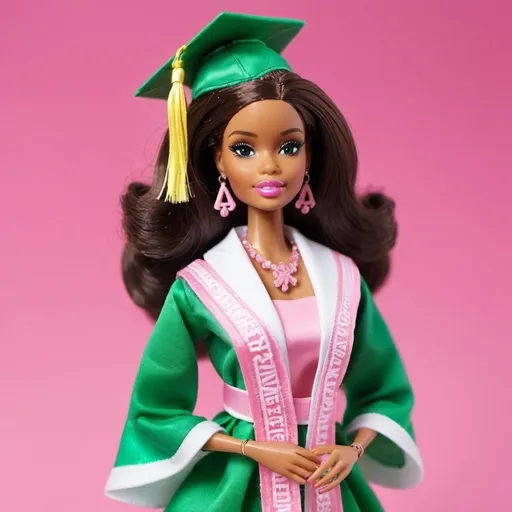 Prompt: Make an African American Barbie who just Graduated Use Alpha Kappa Alpha sorority incorporated colors. make her light-skinned she should have long brown hair. her body should be seamless.
