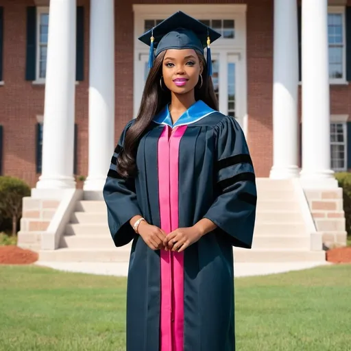 Prompt: Make an African American Barbie who is a College Graduate. Standing in front of Talladega College. With a cap and gown on.
