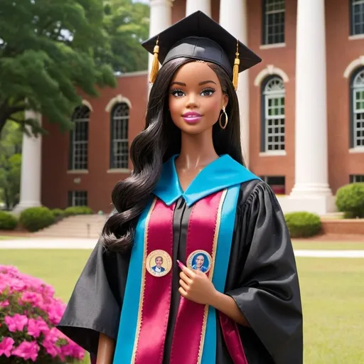 Prompt: Make an African American Barbie who is a College Graduate. Standing in front of Talladega College. With a cap and gown on.
