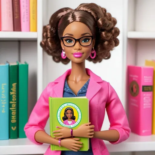 Prompt: Make an African American Barbie Librarian light-skinned using Alpha Kappa Alpha Sorority Colors. make her arms look realistic. Have her holding a children's book.