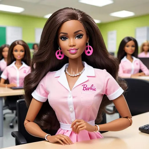 Prompt: Make an African American Barbie who is a Technology Teacher in a Computer Lab full of Apple Computers. Use Alpha Kappa Alpha sorority-incorporated colors. make her light-skinned she should have long brown hair. her body should be seamless.
