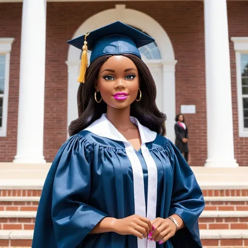 Prompt: Make an African American Barbie who is a College Graduate. Standing in front of Talladega College. With a cap and gown on.
