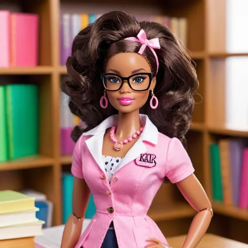 Prompt: Make an African American Barbie who is a Librarian. Use Alpha Kappa Alpha sorority-incorporated colors. make her light-skinned she should have long brown hair. her body should be seamless.
