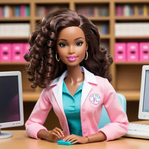 Prompt: Make an African American Barbie who is a Librarian in a Computer Lab full of Apple Computers. Use Alpha Kappa Alpha sorority-incorporated colors. make her light-skinned she should have long curly brown hair. her body should be seamless.
