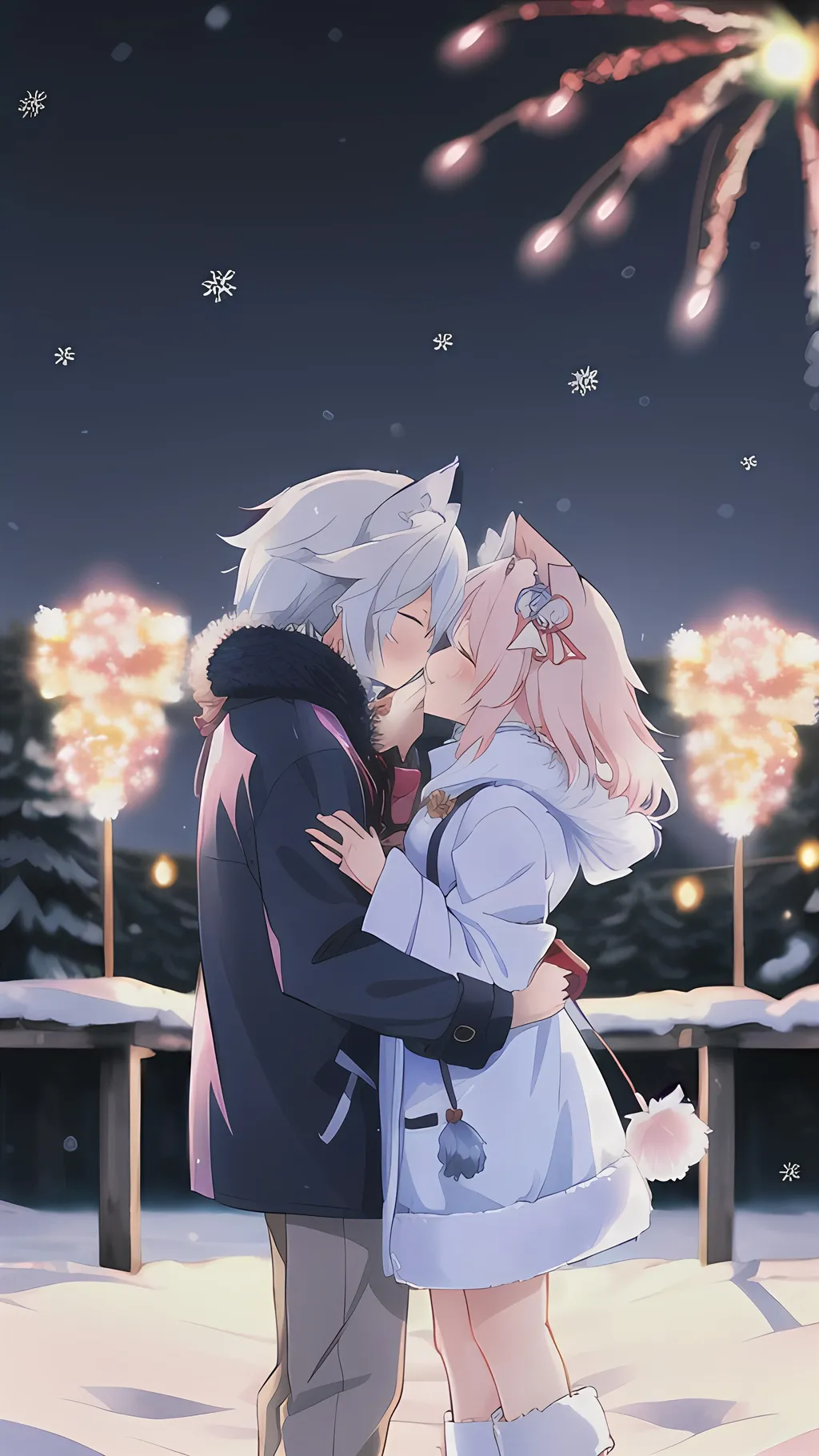 Prompt: a female Pink long-haired kitsune kissing an male blue short-haired kitsune in winter clothing, snowy night, fireworks, anime style, pastel tones, romantic lighting, highres, detailed fur, snowy atmosphere, winter theme, affectionate scene, cool tones, magical