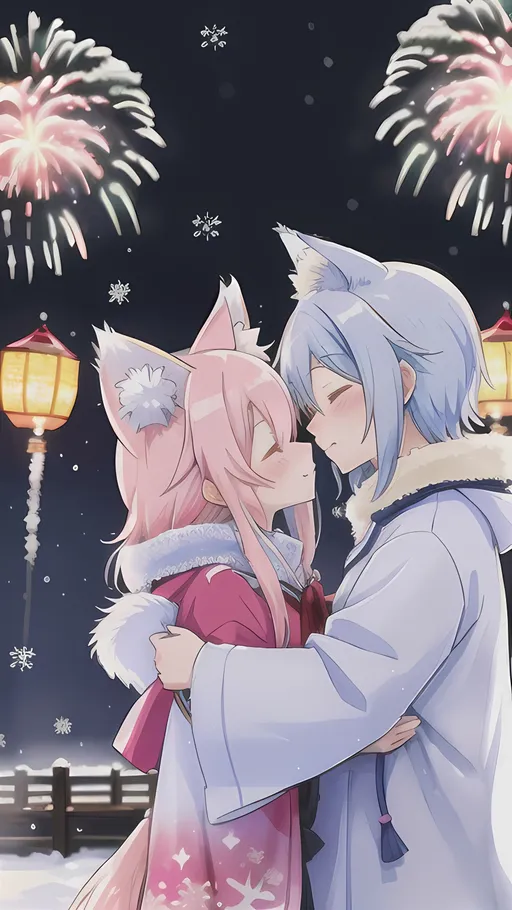 Prompt: Pink long-haired kitsune kissing blue short-haired kitsune in winter clothing, snowy night, fireworks, anime style, pastel tones, romantic lighting, highres, detailed fur, snowy atmosphere, winter theme, affectionate scene, cool tones, magical