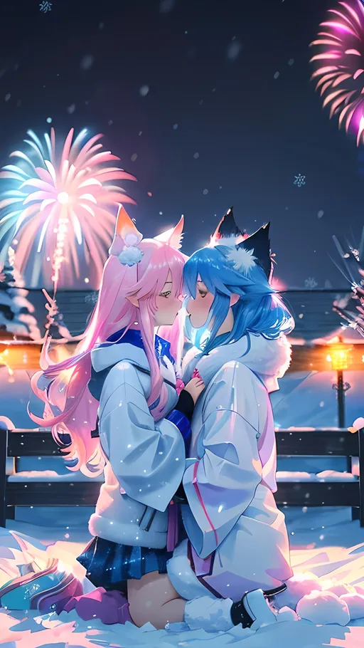 Prompt: Pink long-haired kitsune kissing blue short-haired kitsune in winter clothing, snowy night, fireworks, anime style, pastel tones, romantic lighting, highres, detailed fur, snowy atmosphere, winter theme, affectionate scene, cool tones, magical