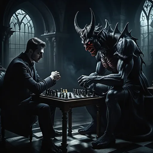 Prompt: (dark theme), a man playing chess against a demon, another demon resting on his knee, intense facial expressions, deep shadows, gothic ambiance, (Daryush Shokof) style, sots art aesthetics, intricate details, dramatic lighting, cinematic atmosphere, vivid colors, striking contrasts, moody background, and (high quality) poster art, captivating imagery.