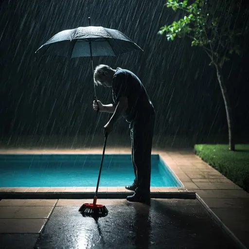 Prompt: alone man in the dark. it's raining. the man does not have an umbrella but a mop in his hand. he is beside the pool edge.