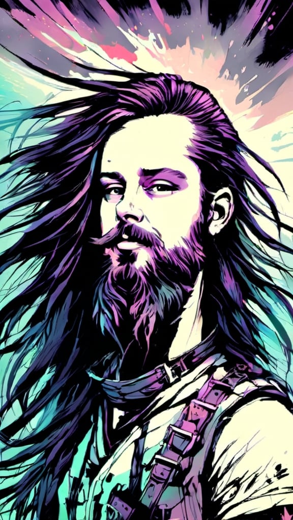 Prompt: dark noir, post apocalyptic, death metal, portrait of the man with long hair and beard.