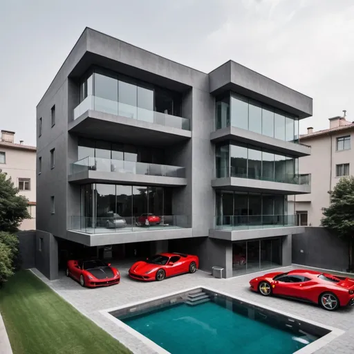 Prompt: Large house, 8 floors, gray color, with glass all around the house. There is a red swimming pool. There was a Ferrari parked in the garage.