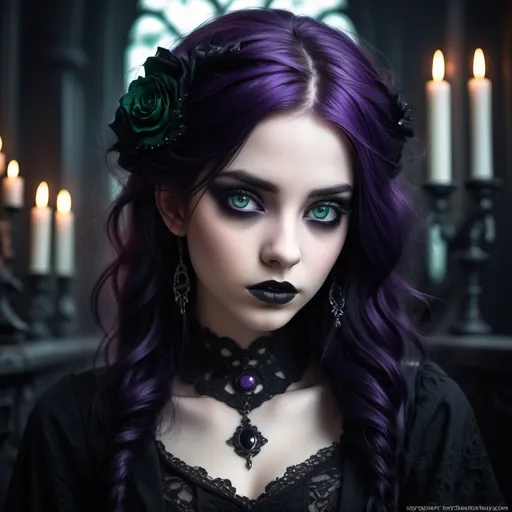 Prompt: (misc-gothic style), girl with (black and purple hair), (dark emerald eyes), ethereal atmosphere, moody ambiance, dramatic shadows, hauntingly beautiful expression, richly textured clothing, deep colors, intricate background details, surrounded by gothic elements, high quality, ultra-detailed, dark color scheme, captivating allure, enchanting mystique.