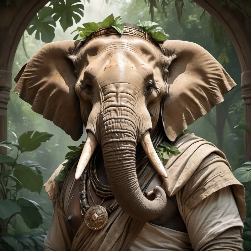 Prompt: portrait of a (Buff elephant wearing worn tunic, with brown skin and large scars across chest. Wearing loin cloth and worn cloth sash only. Jungle background with rustic camouflage details including leaves and vines, D&D setting, perfect composition, hyperrealistic, super detailed, 8k, high quality, trending art, trending on artstation, sharp focus, studio photo, intricate details, highly detailed, by greg rutkowski and alphonse mucha 