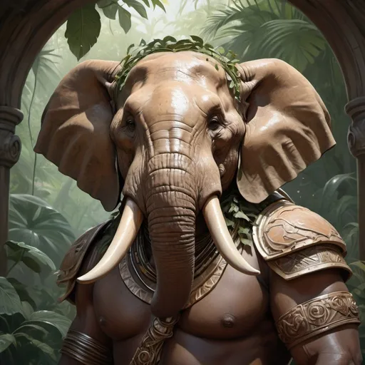 Prompt: portrait of a (Buff Loxodon Paladin, with brown skin and scars. Wearing loin cloth. Jungle background with rustic camouflage details including leaves and vines, D&D setting, perfect composition, hyperrealistic, super detailed, 8k, high quality, trending art, trending on artstation, sharp focus, studio photo, intricate details, highly detailed, by greg rutkowski and alphonse mucha 