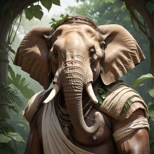 Prompt: portrait of a (Buff elephant wearing worn tunic, with brown skin and large scars across chest. Wearing loin cloth and worn cloth sash only. Jungle background with rustic camouflage details including leaves and vines, D&D setting, perfect composition, hyperrealistic, super detailed, 8k, high quality, trending art, trending on artstation, sharp focus, studio photo, intricate details, highly detailed, by greg rutkowski and alphonse mucha 
