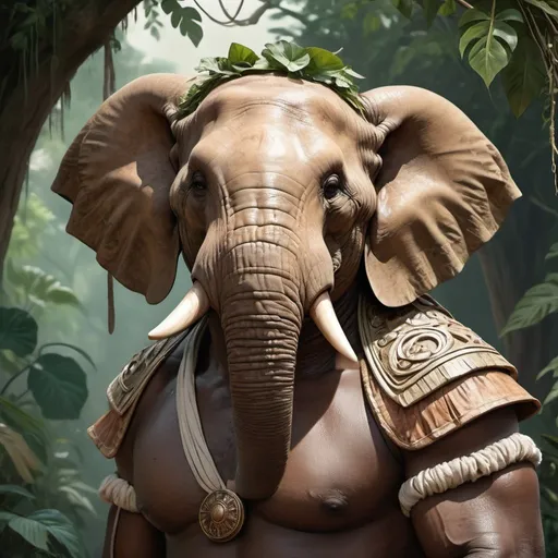 Prompt: portrait of a (Buff Loxodon wearing worn toga, with brown skin and large scars across chest. Wearing loin cloth and worn cloth sash only. Jungle background with rustic camouflage details including leaves and vines, D&D setting, perfect composition, hyperrealistic, super detailed, 8k, high quality, trending art, trending on artstation, sharp focus, studio photo, intricate details, highly detailed, by greg rutkowski and alphonse mucha 