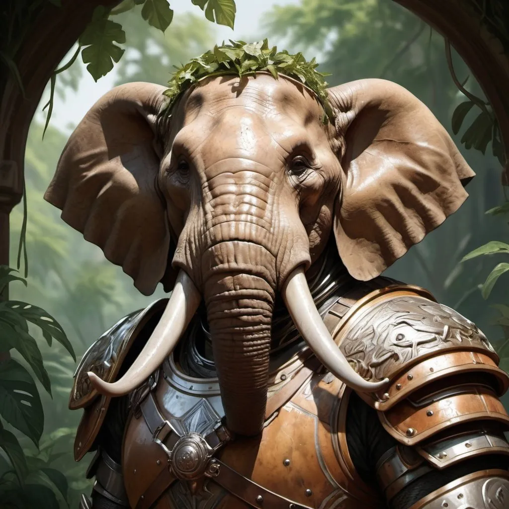 Prompt: portrait of a (Buff Loxodon Paladin, with brown skin and scars. Wearing plate Armor. Jungle background with rustic camouflage details including leaves and vines, D&D setting, perfect composition, hyperrealistic, super detailed, 8k, high quality, trending art, trending on artstation, sharp focus, studio photo, intricate details, highly detailed, by greg rutkowski and alphonse mucha 