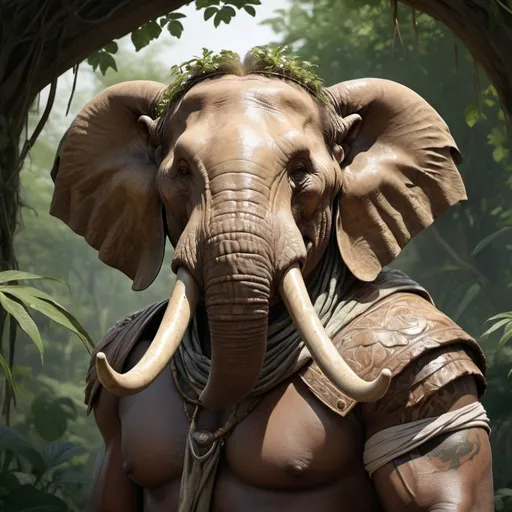 Prompt: portrait of a (Buff Loxodon no armor, with brown skin and large scars across chest. Wearing loin cloth and worn cloth sash only. Jungle background with rustic camouflage details including leaves and vines, D&D setting, perfect composition, hyperrealistic, super detailed, 8k, high quality, trending art, trending on artstation, sharp focus, studio photo, intricate details, highly detailed, by greg rutkowski and alphonse mucha 