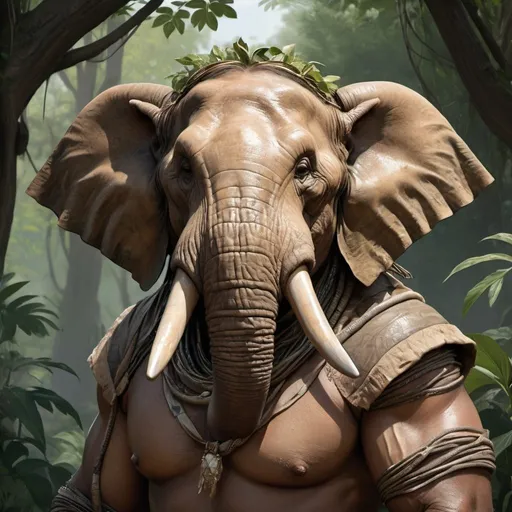 Prompt: portrait of a (Buff Loxodon no armor, with brown skin and large scars across chest. Wearing loin cloth and worn cloth sash only. Jungle background with rustic camouflage details including leaves and vines, D&D setting, perfect composition, hyperrealistic, super detailed, 8k, high quality, trending art, trending on artstation, sharp focus, studio photo, intricate details, highly detailed, by greg rutkowski and alphonse mucha 