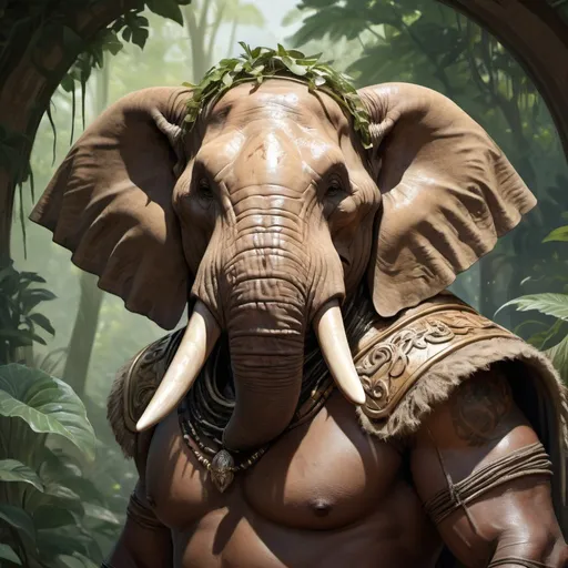 Prompt: portrait of a (Buff Loxodon Paladin, with brown skin and scars. Wearing loin cloth. Jungle background with rustic camouflage details including leaves and vines, D&D setting, perfect composition, hyperrealistic, super detailed, 8k, high quality, trending art, trending on artstation, sharp focus, studio photo, intricate details, highly detailed, by greg rutkowski and alphonse mucha 