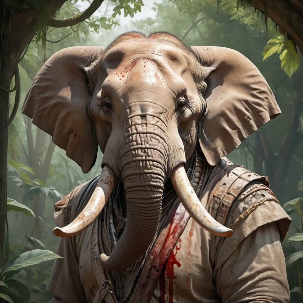 Prompt: portrait of a (Buff elephant wearing worn, dirty, stained with blood tunic, with brown skin and large scars across chest. Jungle background with rustic camouflage details including leaves and vines, D&D setting, perfect composition, hyperrealistic, super detailed, 8k, high quality, trending art, trending on artstation, sharp focus, studio photo, intricate details, highly detailed, by greg rutkowski and alphonse mucha 