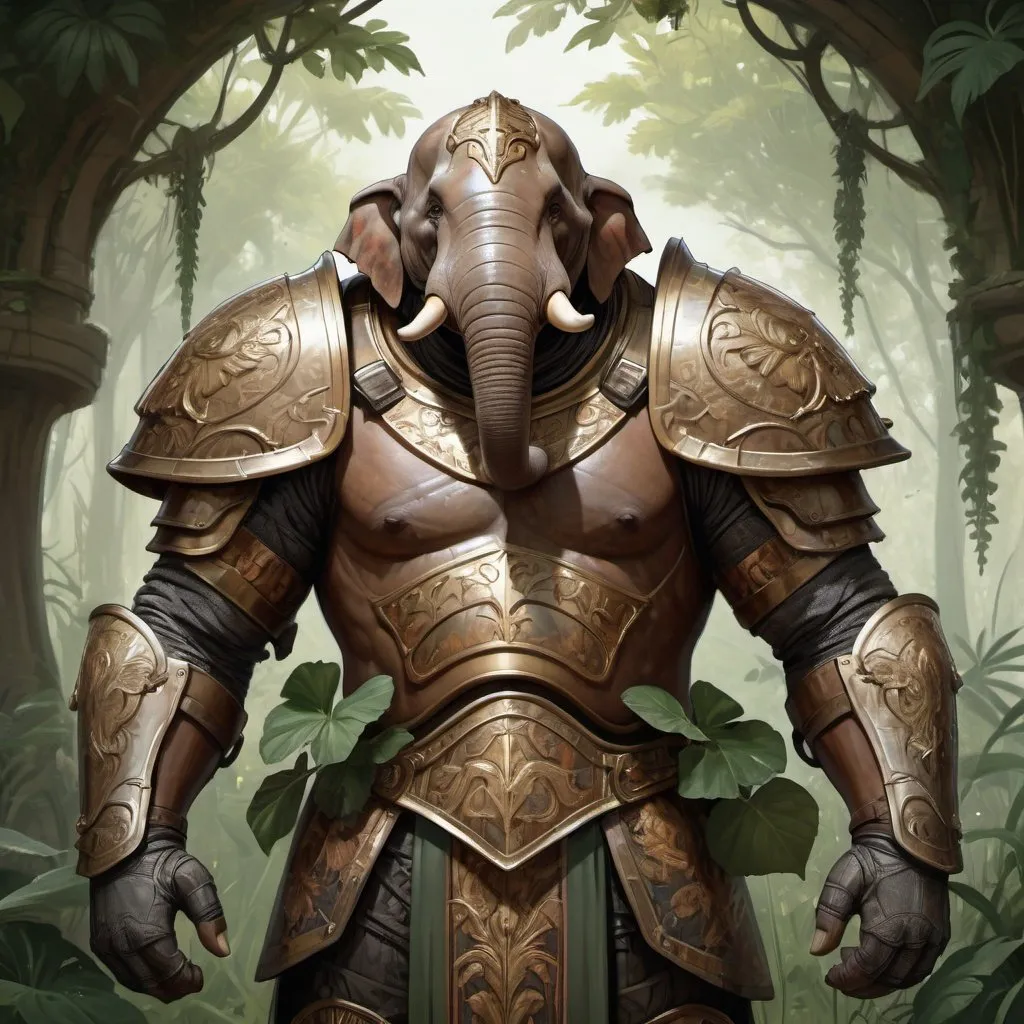 Prompt: portrait of a (Buff Loxodon Paladin, with brown skin and scars. Wearing plate Armor. Jungle background with rustic camouflage details including leaves and vines, D&D setting, perfect composition, hyperrealistic, super detailed, 8k, high quality, trending art, trending on artstation, sharp focus, studio photo, intricate details, highly detailed, by greg rutkowski and alphonse mucha 