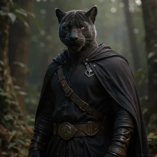 Prompt: portrait of a (Black panther rogue). Wearing black robes and belt. Blurred jungle background with rustic camouflage details including leaves and vines, D&D setting, perfect composition, hyperrealistic, super detailed, 8k, high quality, trending art, trending on artstation, sharp focus, studio photo, intricate details, highly detailed, by greg rutkowski and alphonse mucha