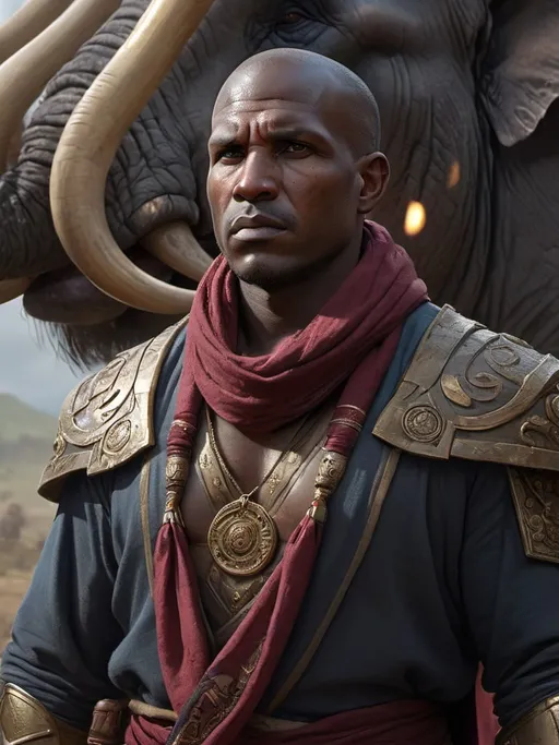 Prompt: loxodon, paladin, burgundy scarf, marvel, intricate, no cover on eyes, highly detailed, smooth, handsome, portrait, profile, intricate, detailed, volumetric lighting, scenery, digital painting, highly detailed, artstation, sharp focus, Torm necklace, illustration, concept art, ruan jia, steve mccurry