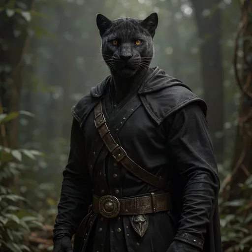 Prompt: portrait of a (Black panther rogue). Wearing black robes and belt. Blurred jungle background with rustic camouflage details including leaves and vines, D&D setting, perfect composition, hyperrealistic, super detailed, 8k, high quality, trending art, trending on artstation, sharp focus, studio photo, intricate details, highly detailed, by greg rutkowski and alphonse mucha