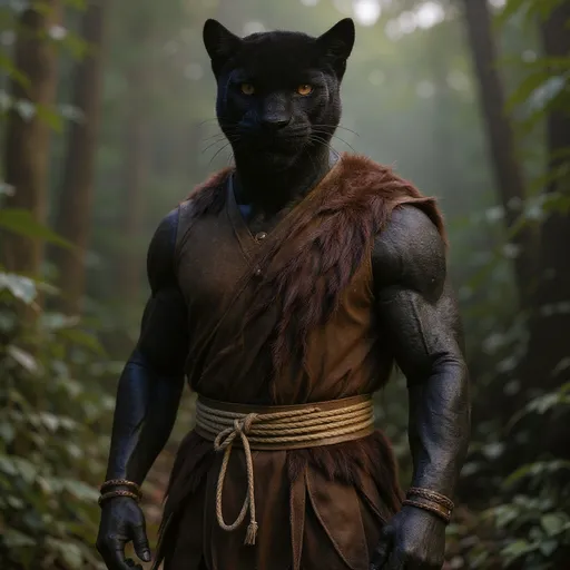 Prompt: 3qtr body portrait of a Black panther wearing neolithic tunic dark brown hides with woven grass sash (no chest harness). Blurred jungle background including leaves and vines, D&D setting, perfect composition, hyperrealistic, super detailed, 8k, high quality, trending art, trending on artstation, sharp focus, studio photo, intricate details, highly detailed, by greg rutkowski and alphonse mucha