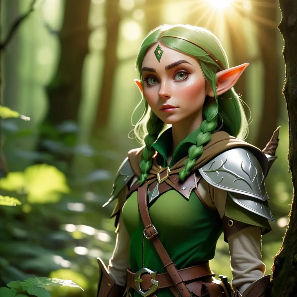 Prompt: Elf ranger in a mystical forest around sunlight