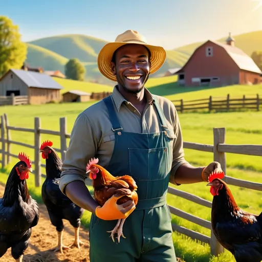 Prompt: A happy  black  chicken farmer