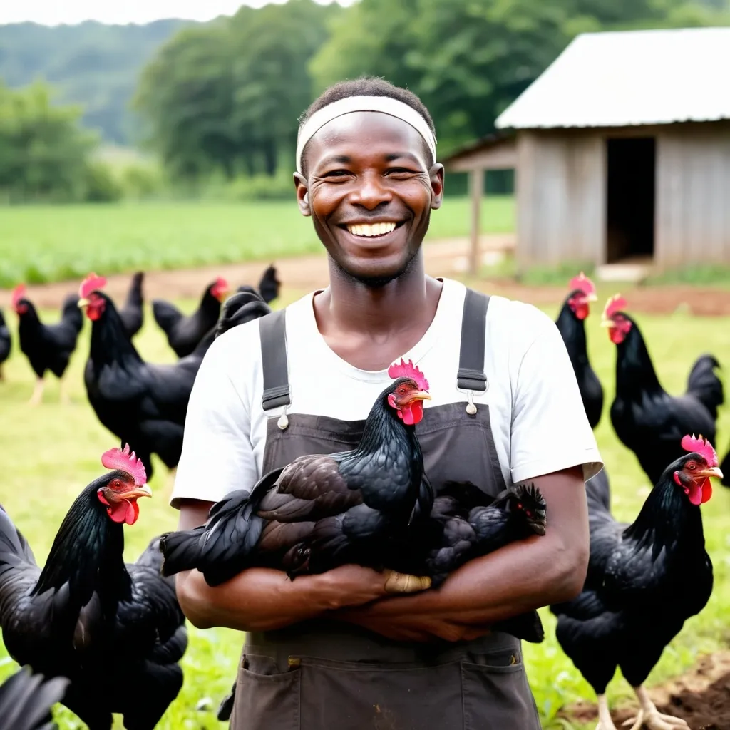 Prompt: A happy  black  chicken farmer