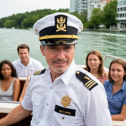 Prompt: a boat captain on a boat ride with passengers