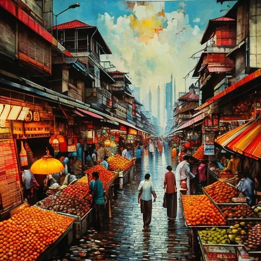 Prompt: Urban cityscape of JAKARTA CITY, Indonesia, vibrant and bustling street scene, colorful market stalls, traditional Indonesian architecture, warm and vibrant color palette, realistic oil painting, detailed textures, dynamic atmosphere, high quality, vibrant, bustling, traditional architecture, oil painting, dynamic, warm tones, detailed textures, realistic, Indonesia