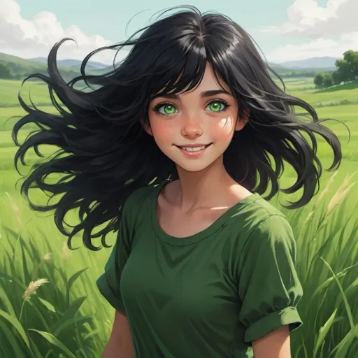 Prompt: A girl with bright green eyes dark black hair, round face, and a easy smile, wandering through lush green fields, with overgrown grass while the wind dances with her hair