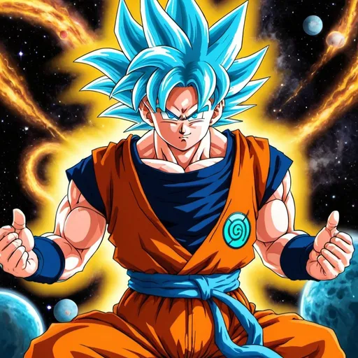 Prompt: Fait moi son goku en mode ultra instin avec un fond de l'univers et en version manga (animés) avec uranus et venus dérrière