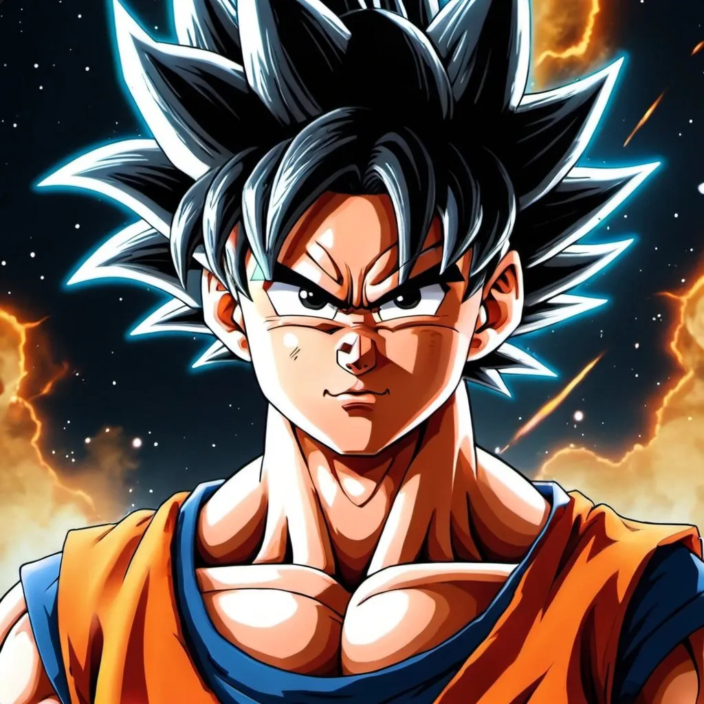 Prompt: Fait moi son goku en mode ultra instin avec un fond de l'univers et en version manga (animés)