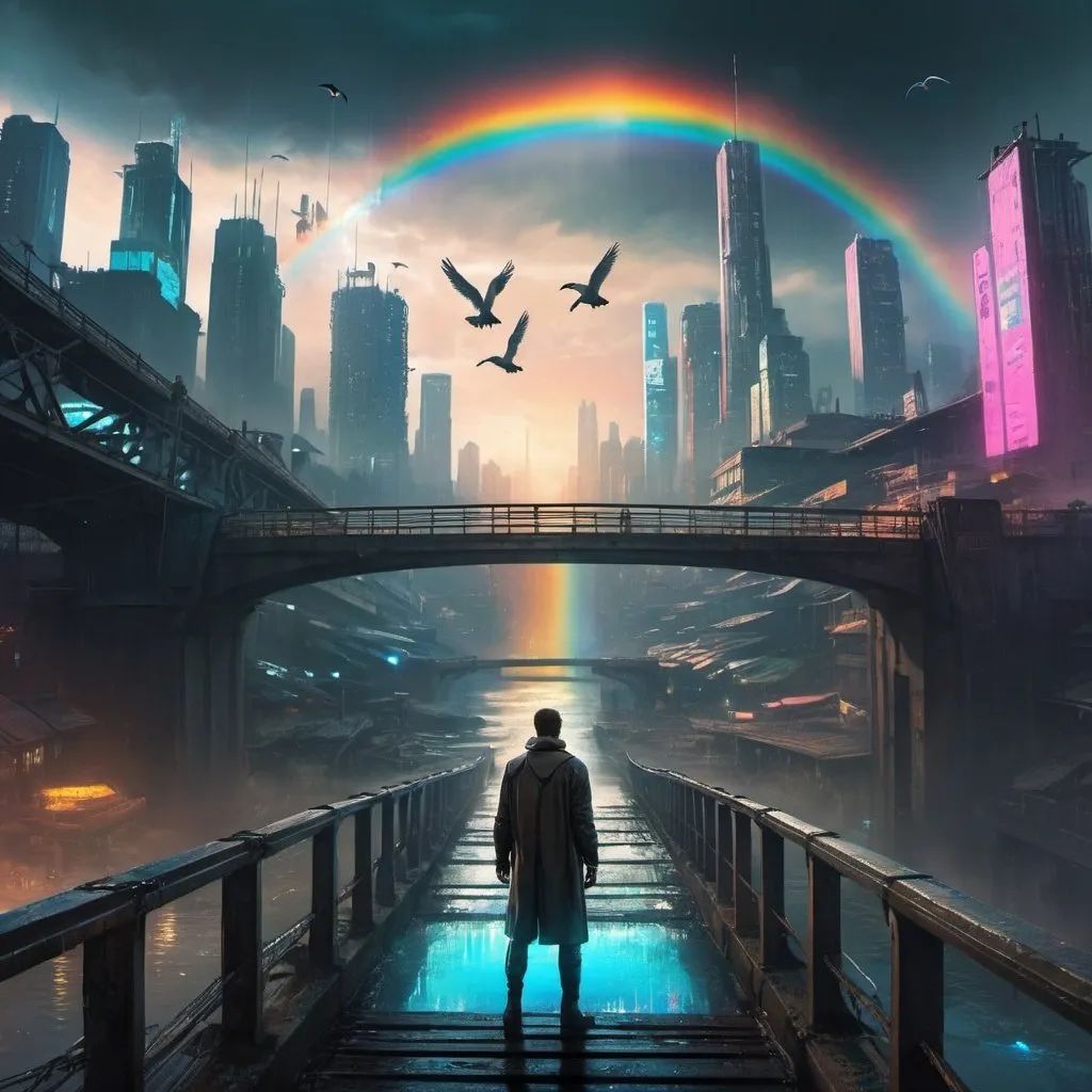 Prompt: Bridge over a river. On the
left side of the river everything looks good and beautiful, birds, rainbows, sunny weather. On the right side it looks like the world is falling apart. A guy is standing on the bridge. it's in bird perspective from above. And its in the blade runner 2049 optic and in night city from cyberpunk
