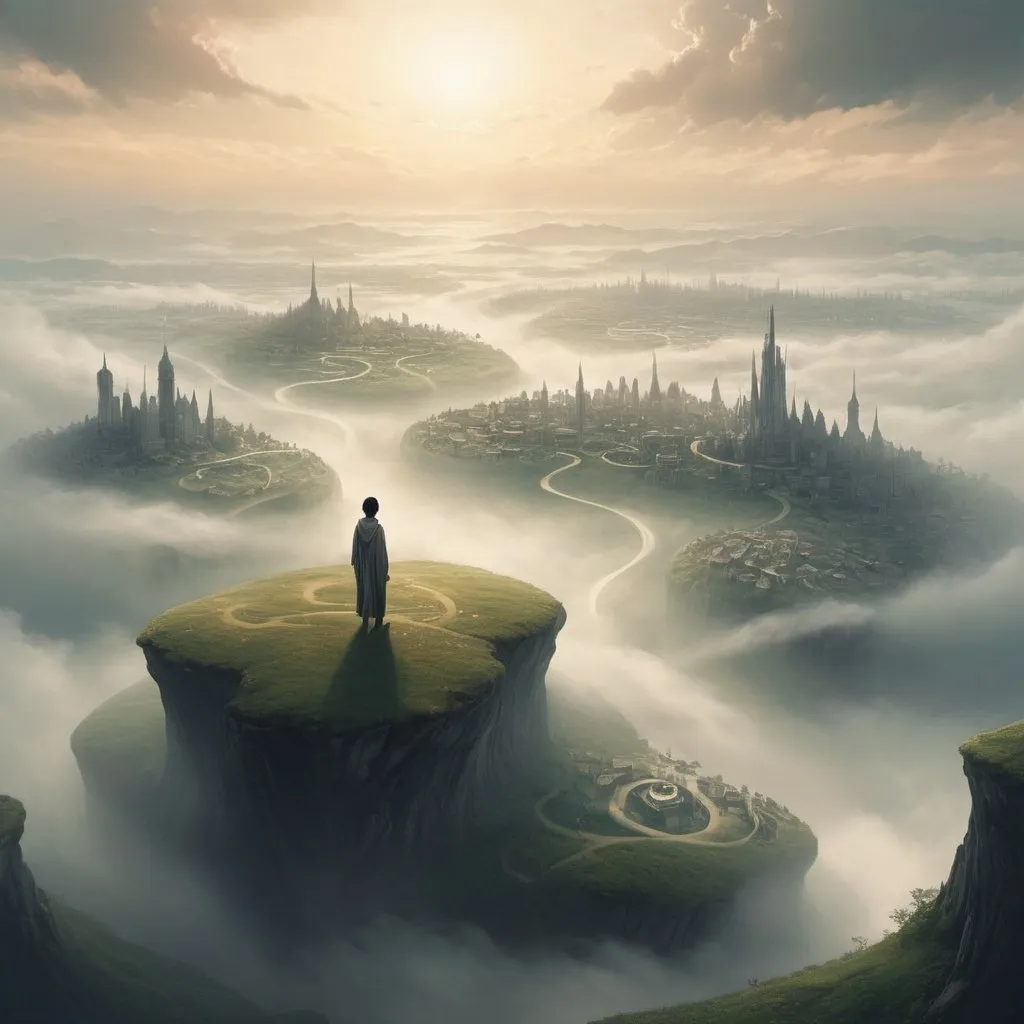 Prompt: the land of "what if" questions. this realm would be a hazy area with swirl-wind and fog, and you can kina see the shape of its citizens and things but they don't show fully who or what they are. In this land, dreams and sunshine appears only half-truth, distorted from what they are. 