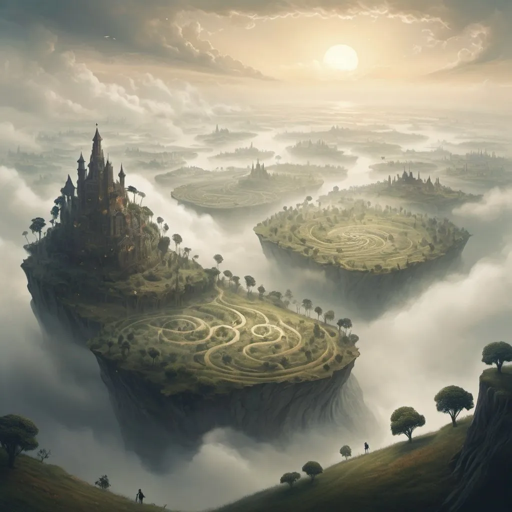 Prompt: the land of "what if" questions. this realm would be a hazy area with swirl-wind and fog, and you can kina see the shape of its citizens and things but they don't show fully who or what they are. In this land, dreams and sunshine appears only half-truth, distorted from what they are. 