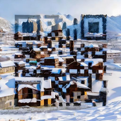 Prompt: a snowy village with mountains on the back