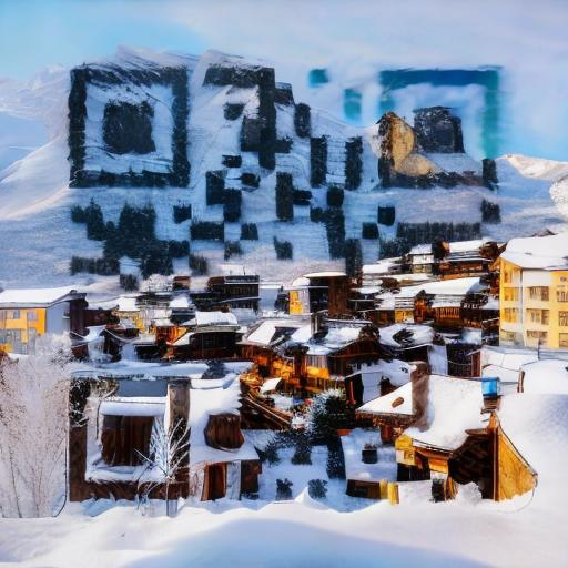 Prompt: a snowy village with mountains on the back